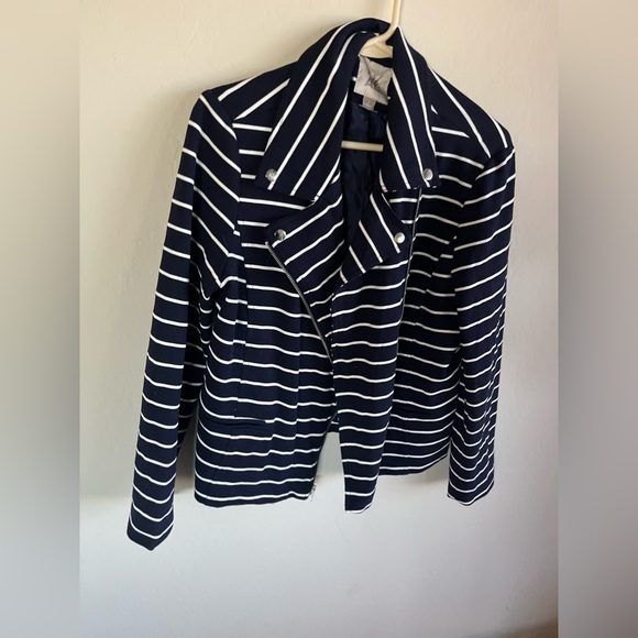 Roz & Ali Women’s Navy White Stripe Moto Blazer Size L - Picture 3 of 5
